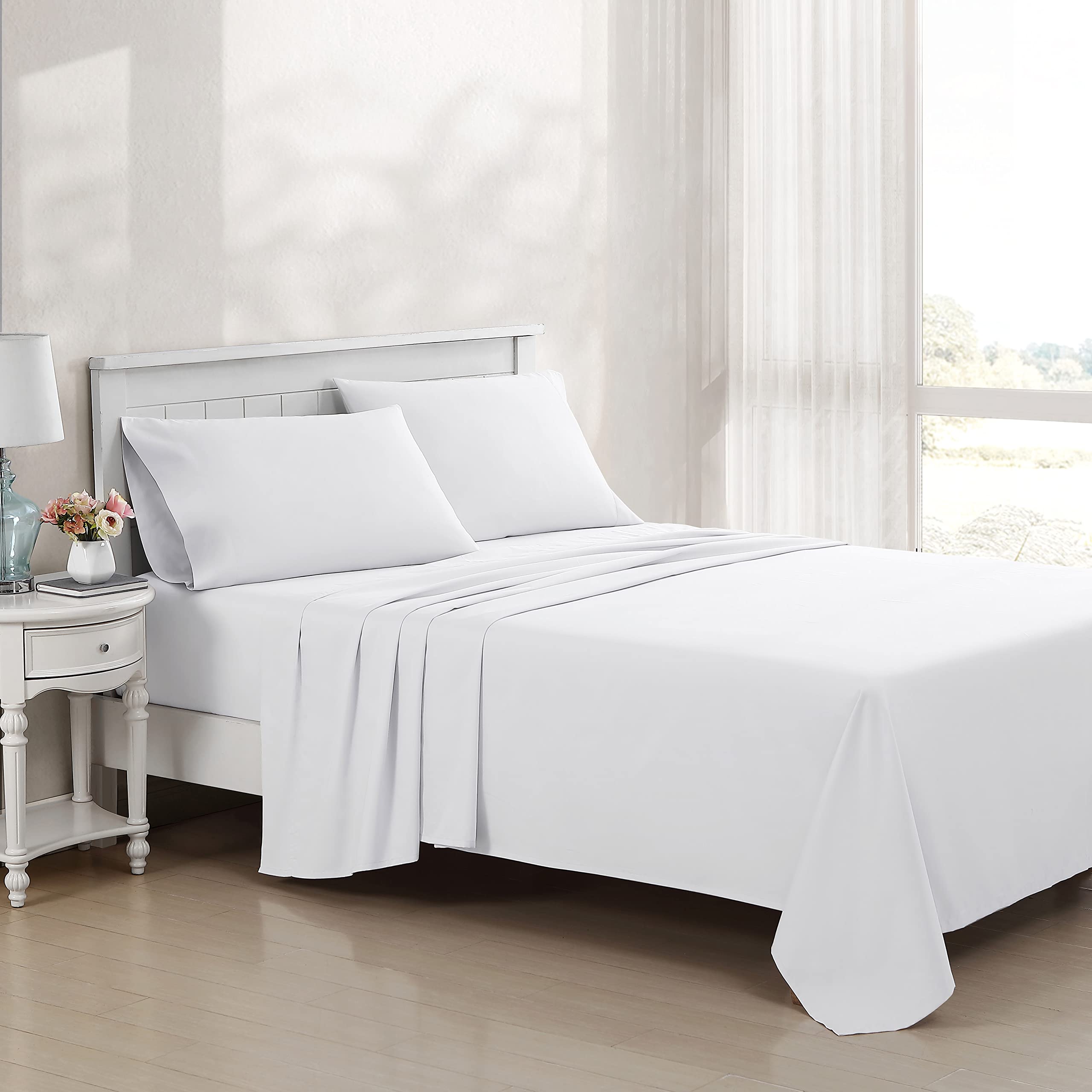 Laura Ashley King Sheet Set, Luxury Sateen Cotton Bedding - Soft & Smooth, 800 Thread Count (Solid White)
