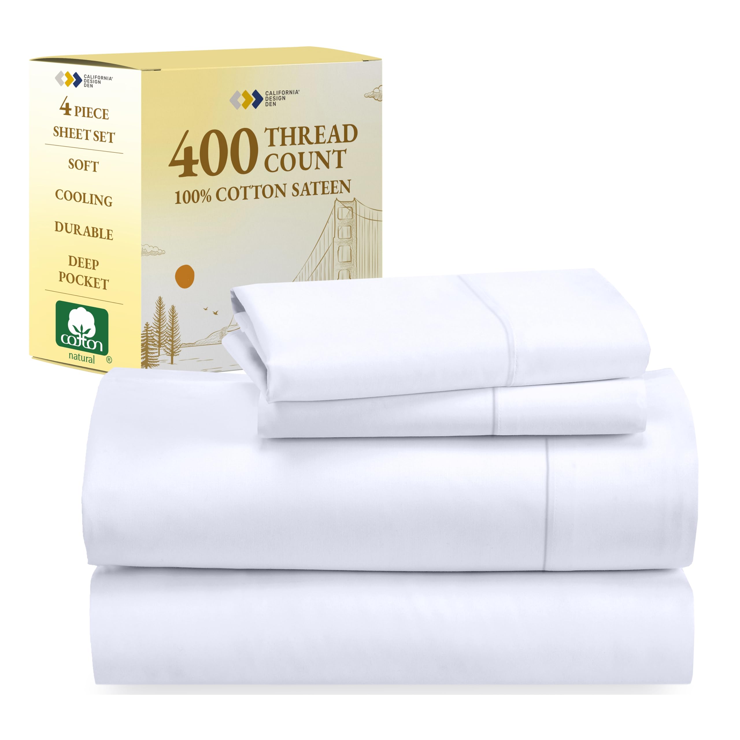 California Design Den Soft 400 Thread Count Sateen 100% Cotton Queen Sheets - White OEKO-TEX STANDARD 100 Durable & Cool